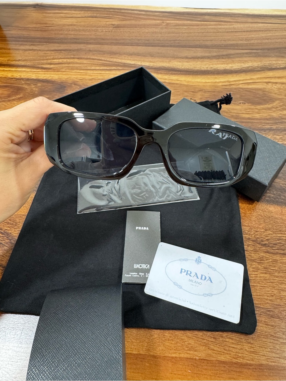 Prada Glossy Black Rectangular Sunglasses with Dark Lenses - Picture 12 of 13